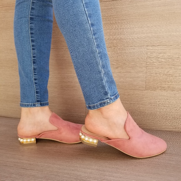 Suede Slip On Loafer Mule Pearl Accents on Heel-A - Picture 5 of 7